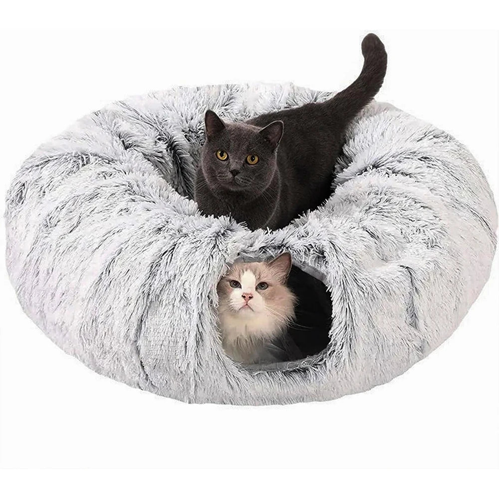 Winter New Arrival Plush Cat Tunnel Bed Foldable Two-In-One round Warmth Pet Nest Thickened Cozy Cuddly Cat Hideaway
